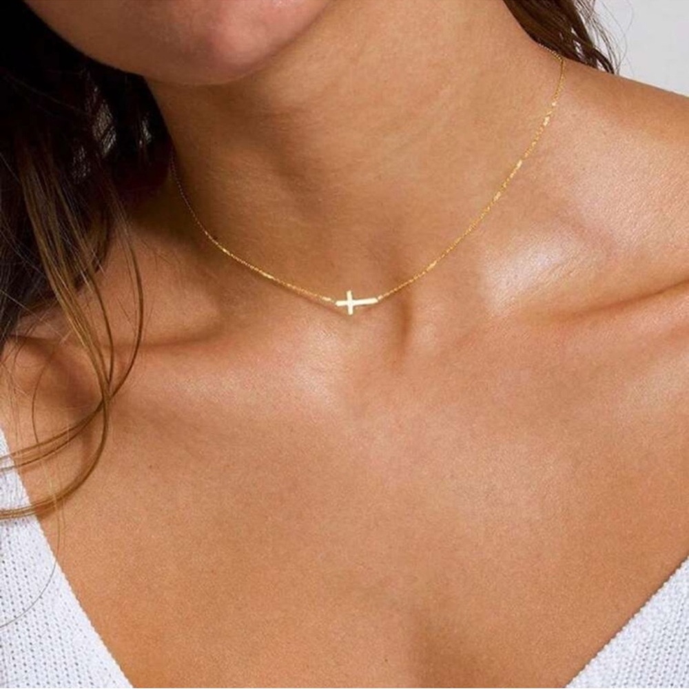 Elegant Gold Cross Necklace, Gold Sideways Cross Necklace